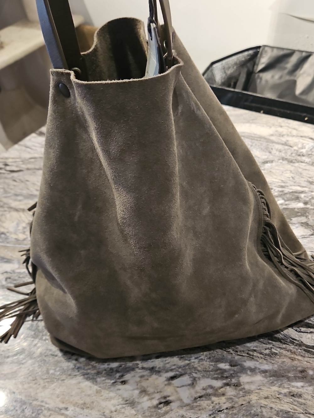 ALL SAINTS Suede Fringe Tote Bag in Olive
